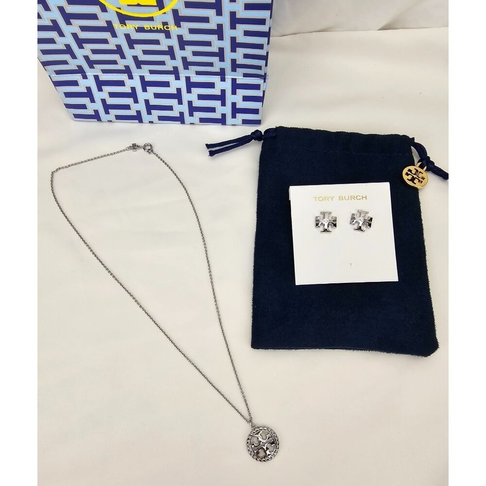 Tory Burch Miller Silver Rope Logo Pendant Necklace + Earring COMBO